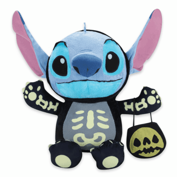Peluche Stitch Squelette 30cm officielle Disney, déguisement d'Halloween avec sac citrouille.