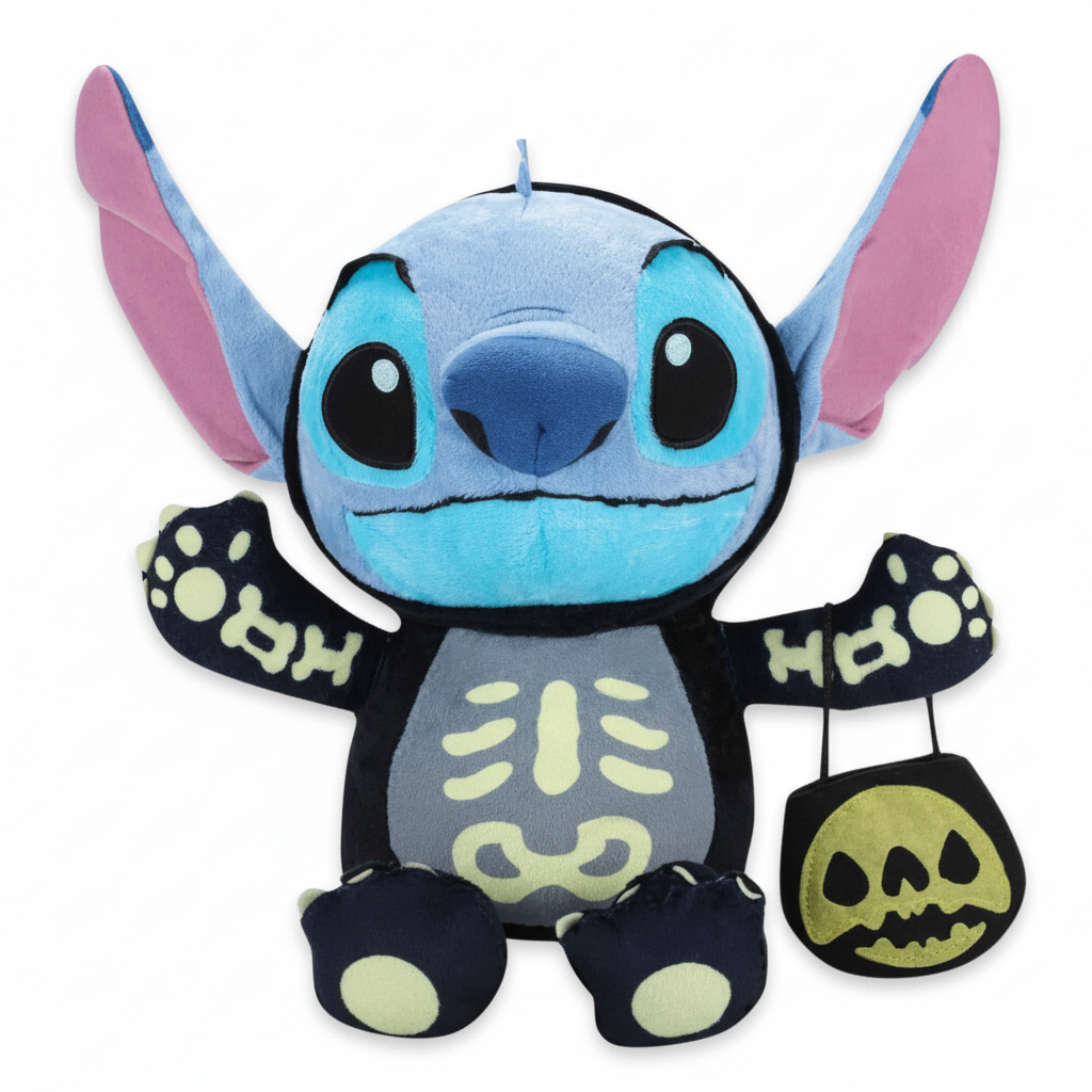 Peluche Stitch Squelette 30cm officielle Disney, déguisement d'Halloween avec sac citrouille.